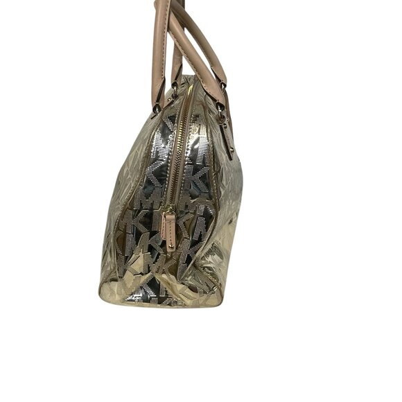 MICHAEL KORS Mason Medium Logo Embossed Metallic Gold Leather Satchel - Picture 4 of 10